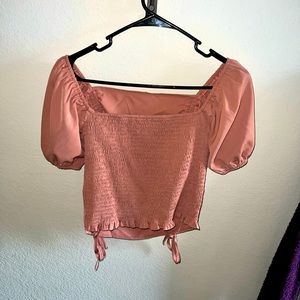 Short Puff Sleeve Square Neck Crop Top size LARGE Drawstring Blouse dusty pink